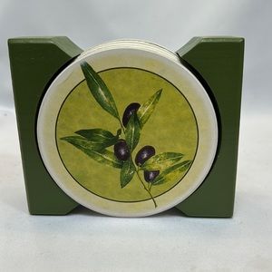 Sandstone Coasters with Olive Leaf Design and Green Wooden Holder-Set of 4